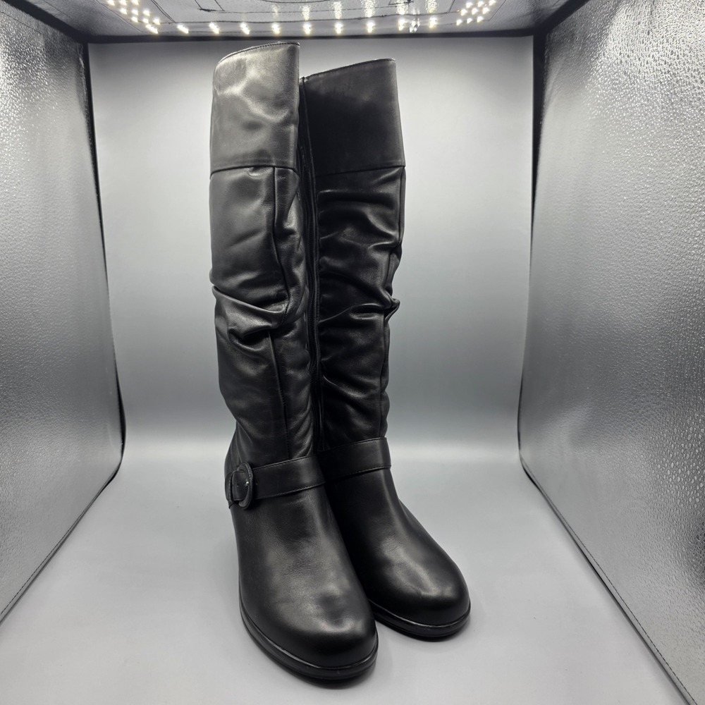 Dansko Brielle Boots Womens 39 Black Leather Tall Knee High Buckle Block Heel